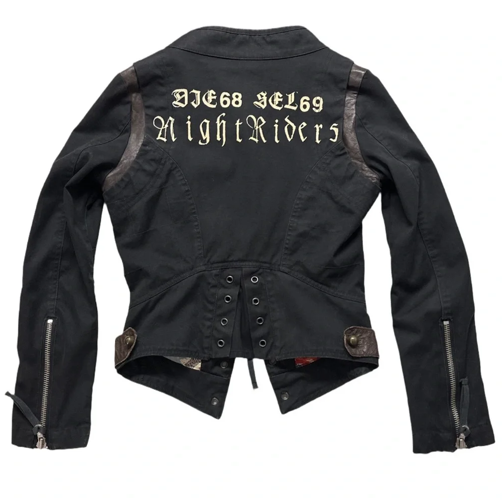 Y2K DIESEL rare black slim fitted nightriders leather trim jacket, S. - Picture 7 of 8